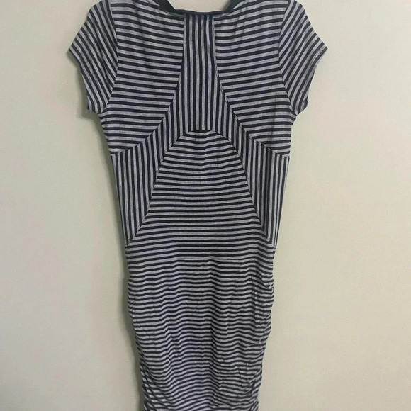 Athleta Small  TOPANGA Dress S Black Heather Gray Striped Jersey V-Neck Ruched - Picture 2 of 7